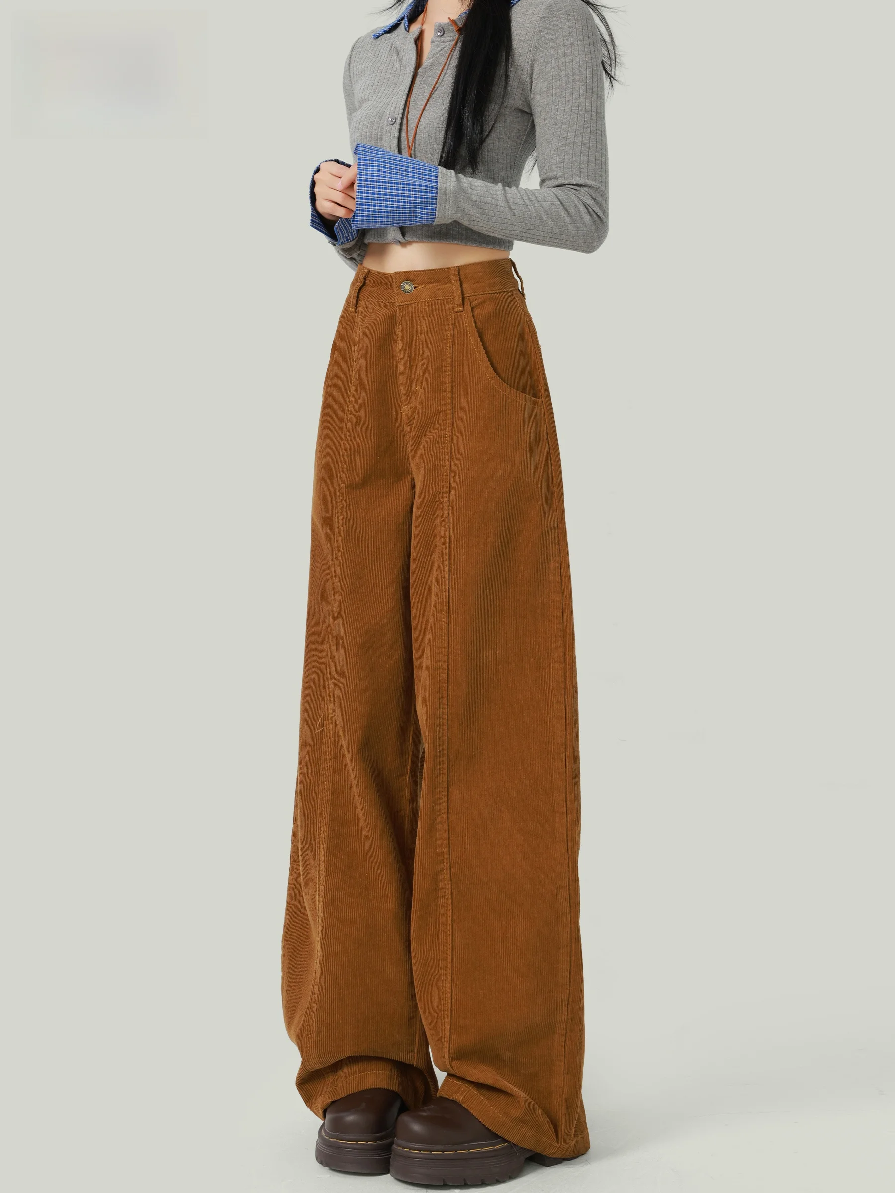 

Женские повседневные брюки из вельвета цвета карамели с высокой талией, свободные, широкие, прямого кроя, осенняя новинка, модные, стройнящие...