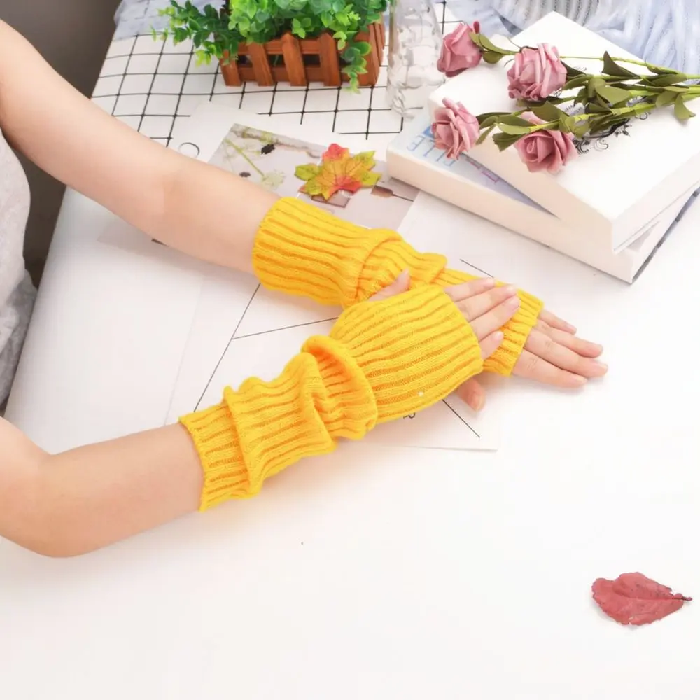 Elastic Knit Arm Sleeves For Ladies Trendy Solid Color Half Finger Gloves Winter Warm Casual Outdoor Fashion Mittens