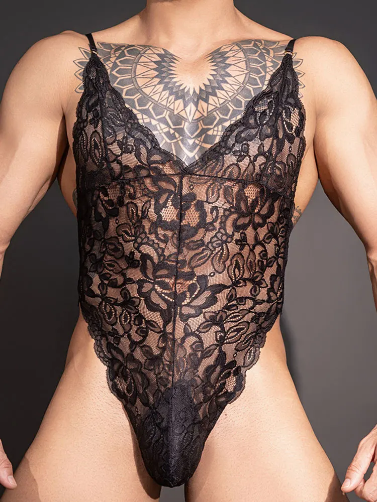 Sexy Men's Lace Onesies Buckle Open Crotch Spaghetti Strap Bodysuit Tops Sissy Leotard Man Backless Tights See Through Allure