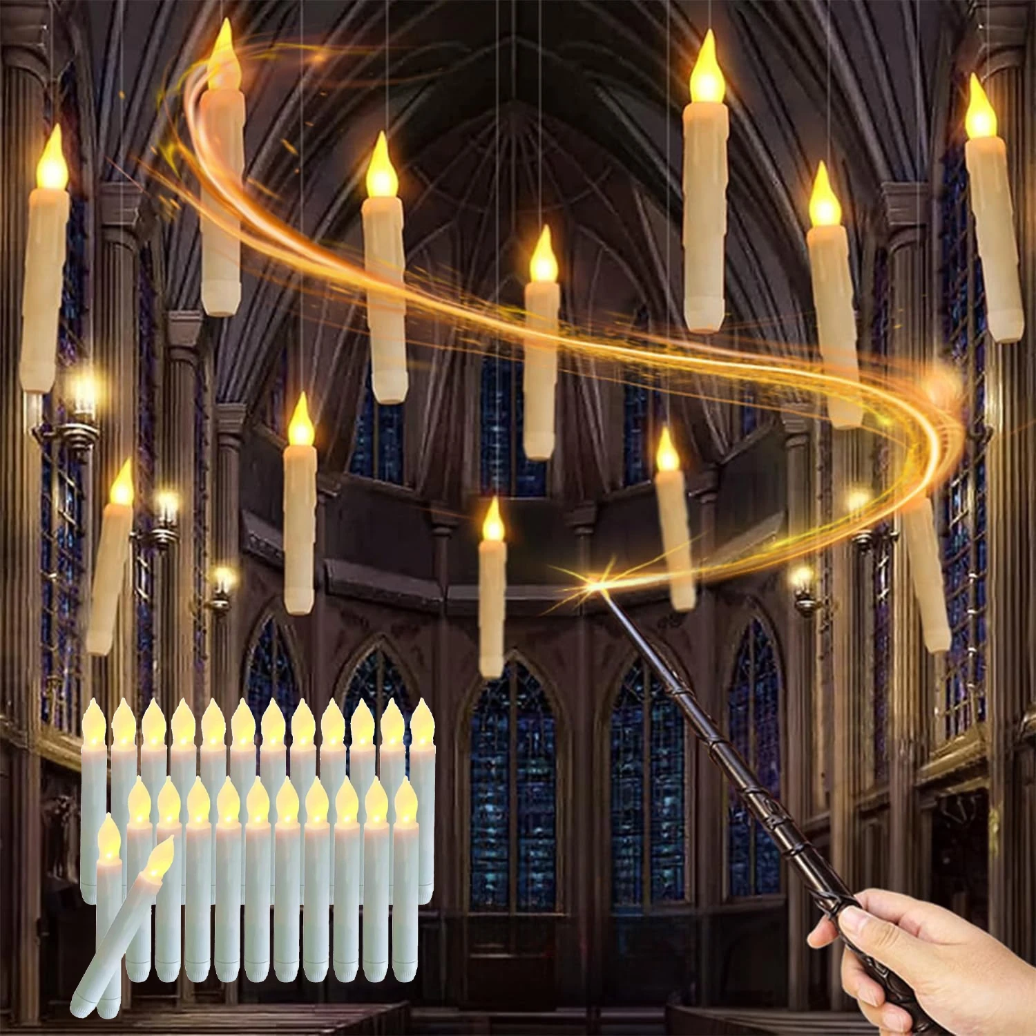 Juego de velas flotantes mágicas con varita de Control, velas LED parpadeantes realistas sin llama, control remoto inalámbrico para decoración de Harry Potter