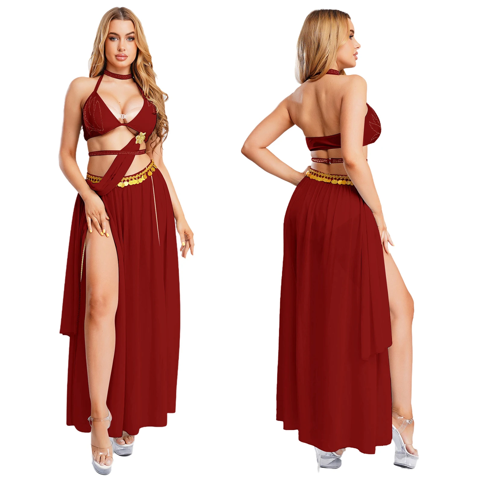 فستان نسائي شرقي هندي لأداء الرقص الشرقي مزين بالترتر وفتحة الخصر من الشيفون مع حزام ملابس الرقص العربي للهالوين #1
