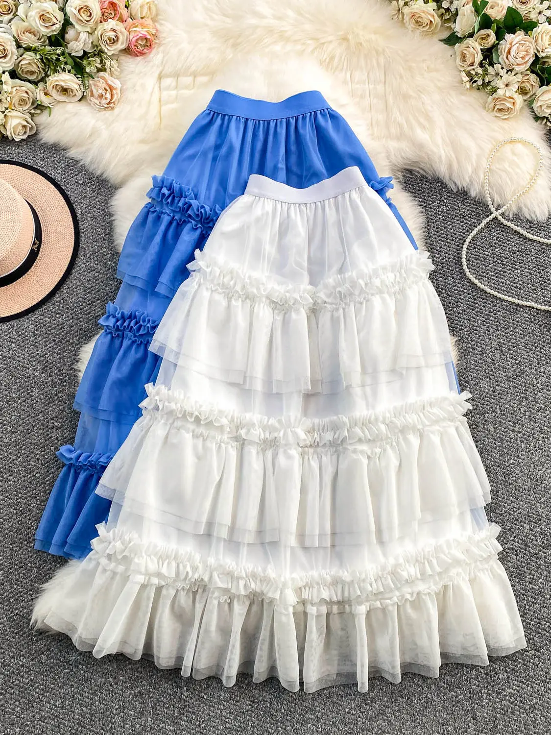 

REALEFT Сетчатые юбки-торт для женщин 2026 Новые весенне-летние эластичные однотонные юбки трапециевидной формы с высокой талией и оборками средней длины