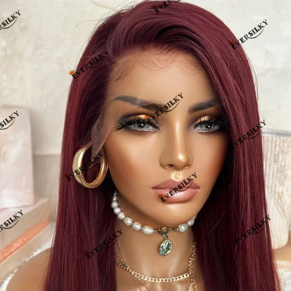 Bone Straight Plum Burgundy Human Hair Natural Hairline 13x6 Lace Front Wig for Women 180 Density Remy Indian Hair 13x4 Lace Wig