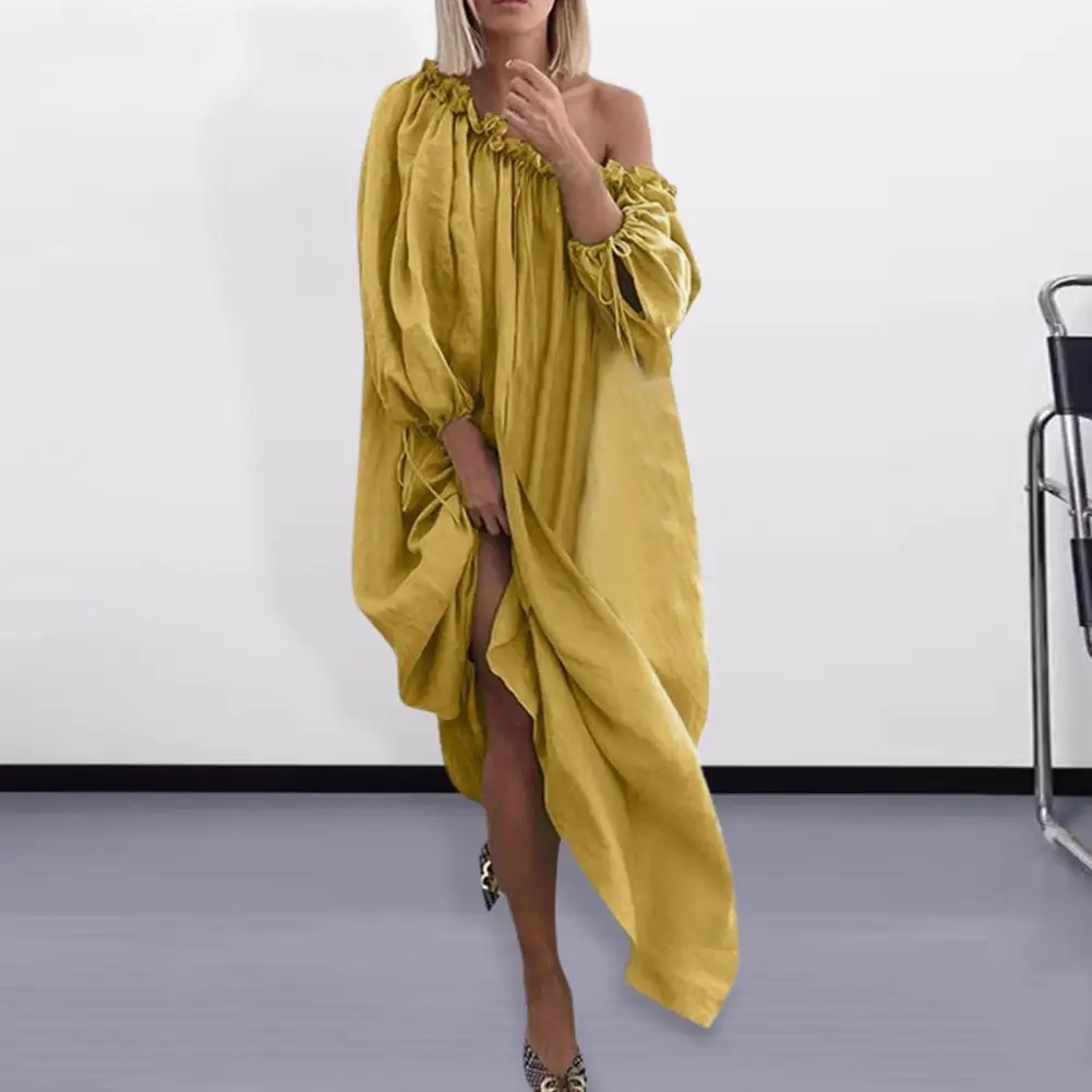 

Women Pleated Dress Elegant Slant Neck Maxi Dress with Lantern Sleeves Pleated Details for Women Vacation Beach Robe Women Dress