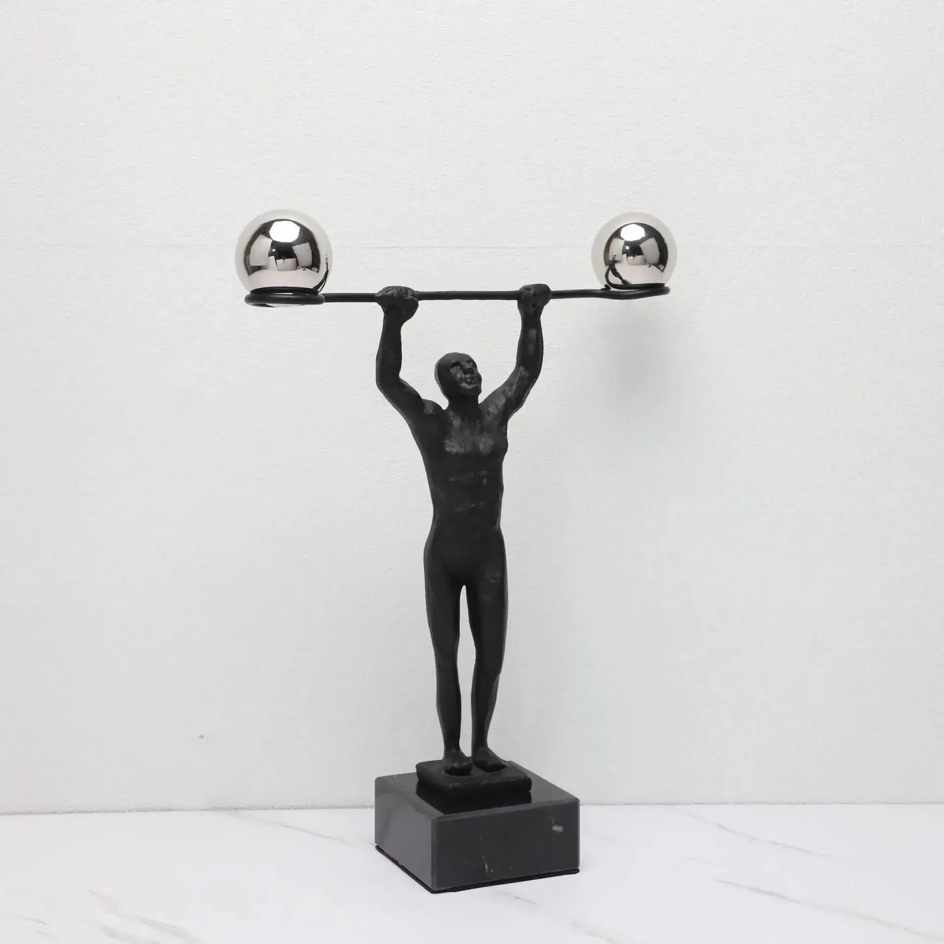 Metal Figure Sculpture Weightlifter Art Ornament Sporty Portrait Geometric Sphere Metal Figurine Home Decoration Accessories