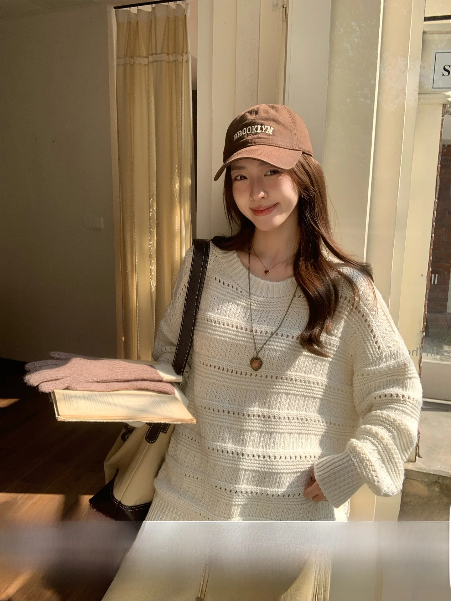 

Женский вязаный свитер Morning Bloom Lazy Sle Simple Beige с длинными рукавами, свободного кроя, с ажурной вязкой, мягкий, в корейском стиле, свободный крой