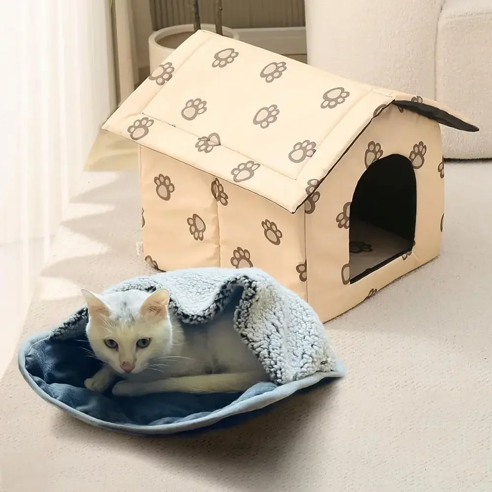 Cream-Colored Portable Outdoor Cat House with Warming Bag, Curtain, and Waterproof Cushion Mat for Pets