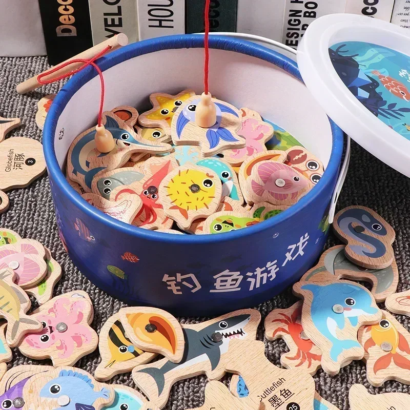 Montessori Wooden Fishing Toys For Children Cartoon Marine Life Cognition Fish Games Parent-Child Interactive Educational Toy