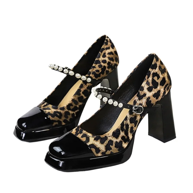 

2026 Fashion High Heel Pumps Women Party Shoes Modern Brand Ladies Heeled Shoes Platform Square Heels 10cm Leopard Black D757