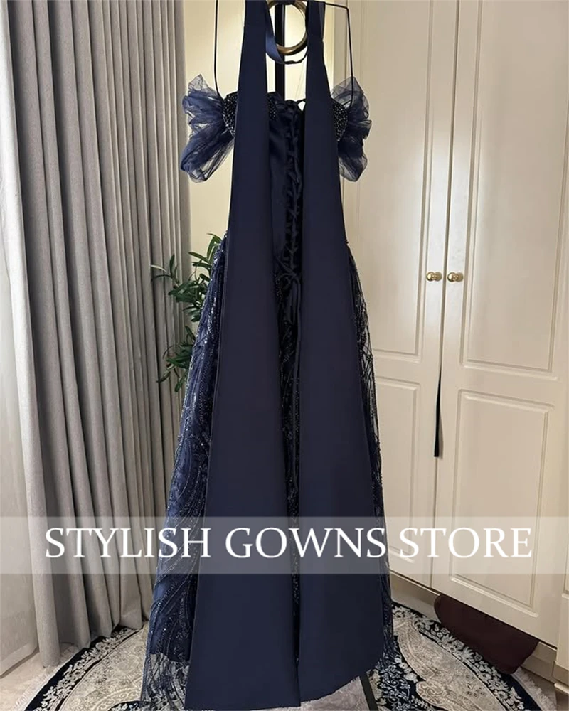 Robe de soirée chérie bleu marine arabe saoudien 2025 Occasion formelle sans manches robe de cristal perlée personnalisée فستان و