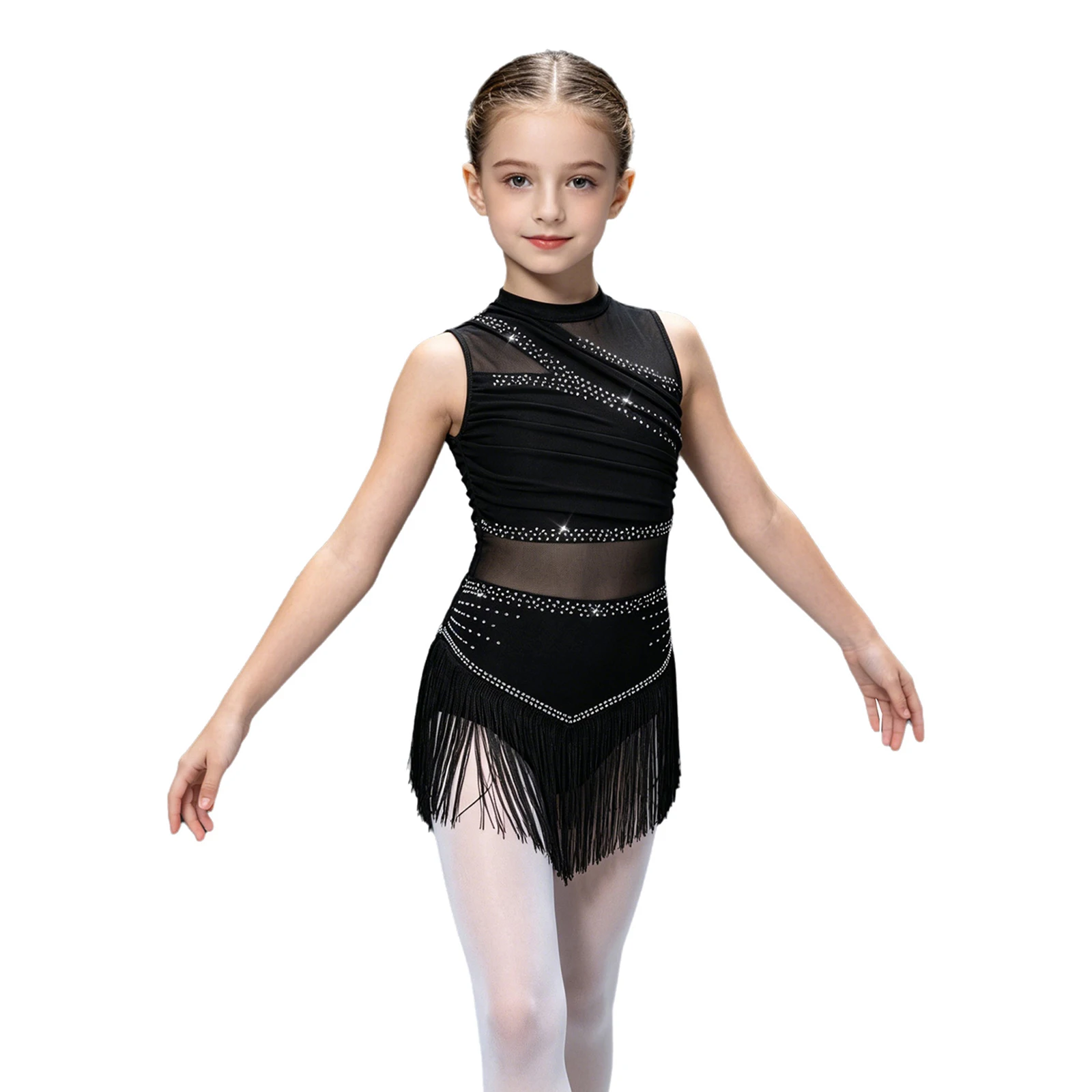 Vestido de baile latino y jazz para niñas, sin mangas, con malla, adornos brillantes de pedrería y flecos, ideal para patinaje, gimnasia, bailes de salón, salsa y tango.