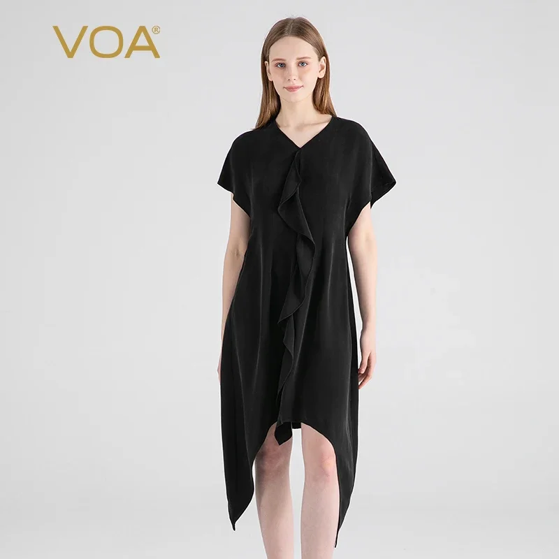 

VOA 30 Momme тяжелое шелковое платье с v-образным вырезом и короткими рукавами, женское декоративное шелковое летнее платье высокого качества с рюшами AE2031