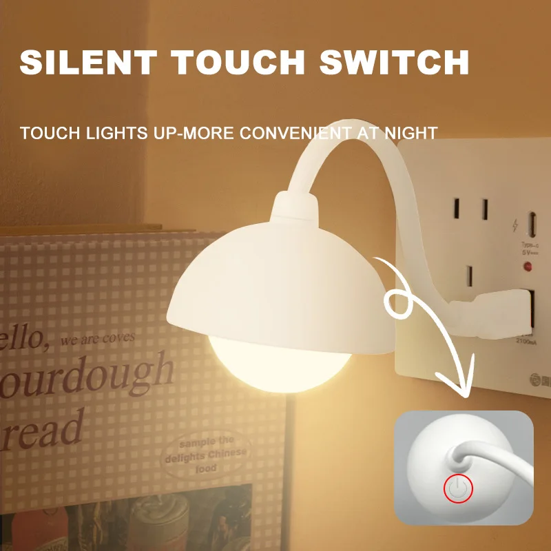 Plug Play USB Night Light, Low Energy Dimmable Led Night Lighting,Flicker Flexible Design Touch Control Bedside Reading Lamp