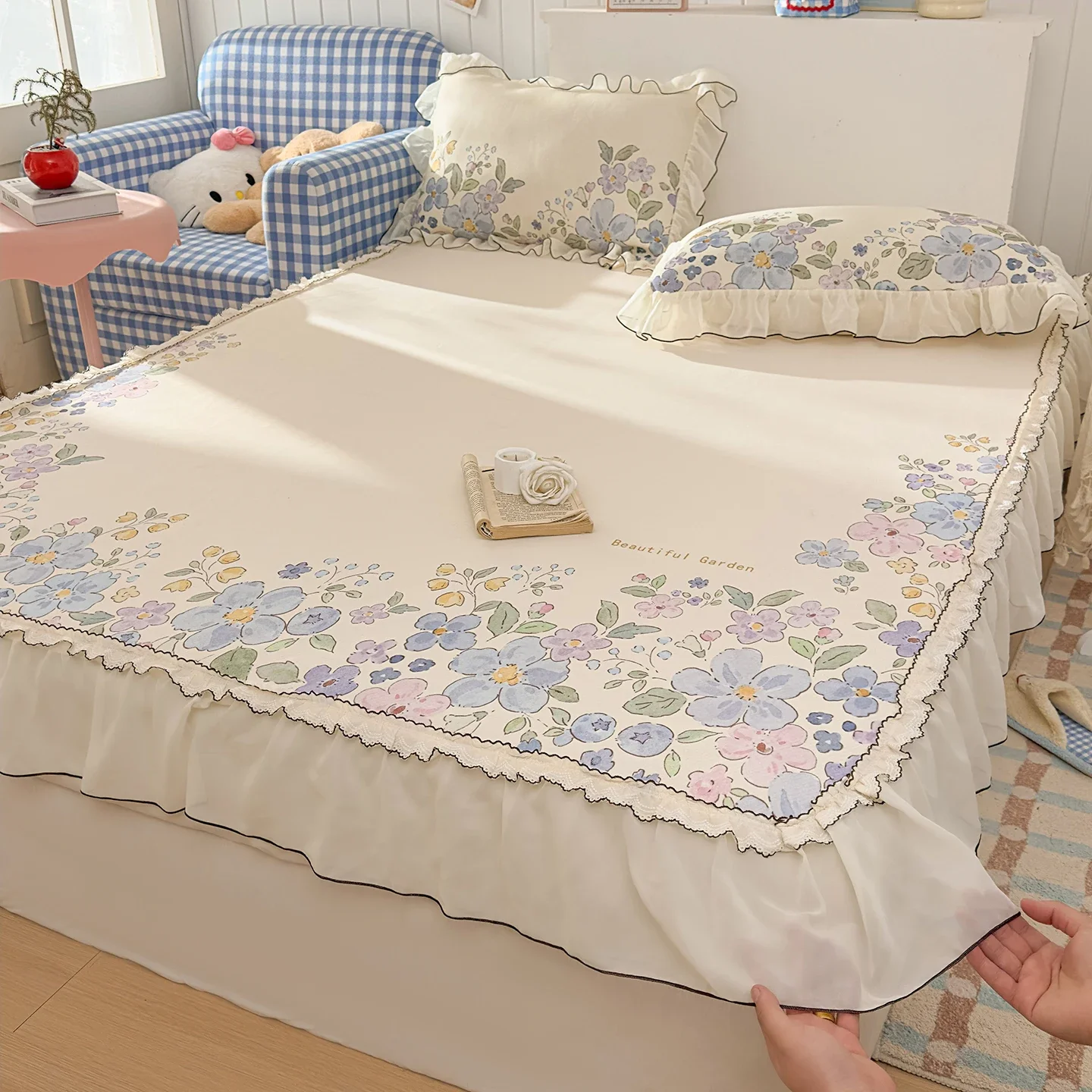 Ice Silk Cooling Ruffled Bed Skirt Set Pastoral Floral Print Summer Cool Mat Queen King Size Mattress Protector With Pillowcases
