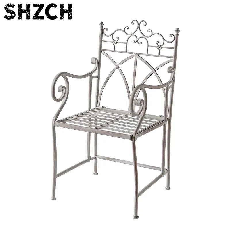 Vintage Wrought Iron Outdoor Garden Chair, Distressed Gray, Scrollwork Design, with Armrests, 24x20x39 Inch