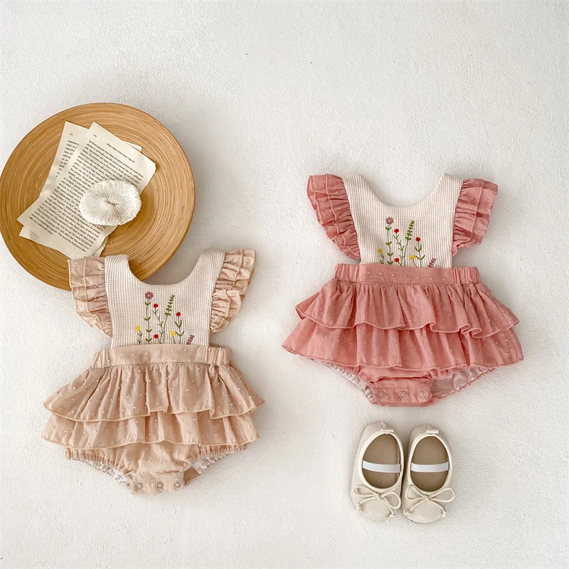 Ruffles Lace Baby Girls Romper Dress Summer Vintage Floral Infant Embroidery Jumpsuit for Toddler Girls One-Piece Clothing 0-24M