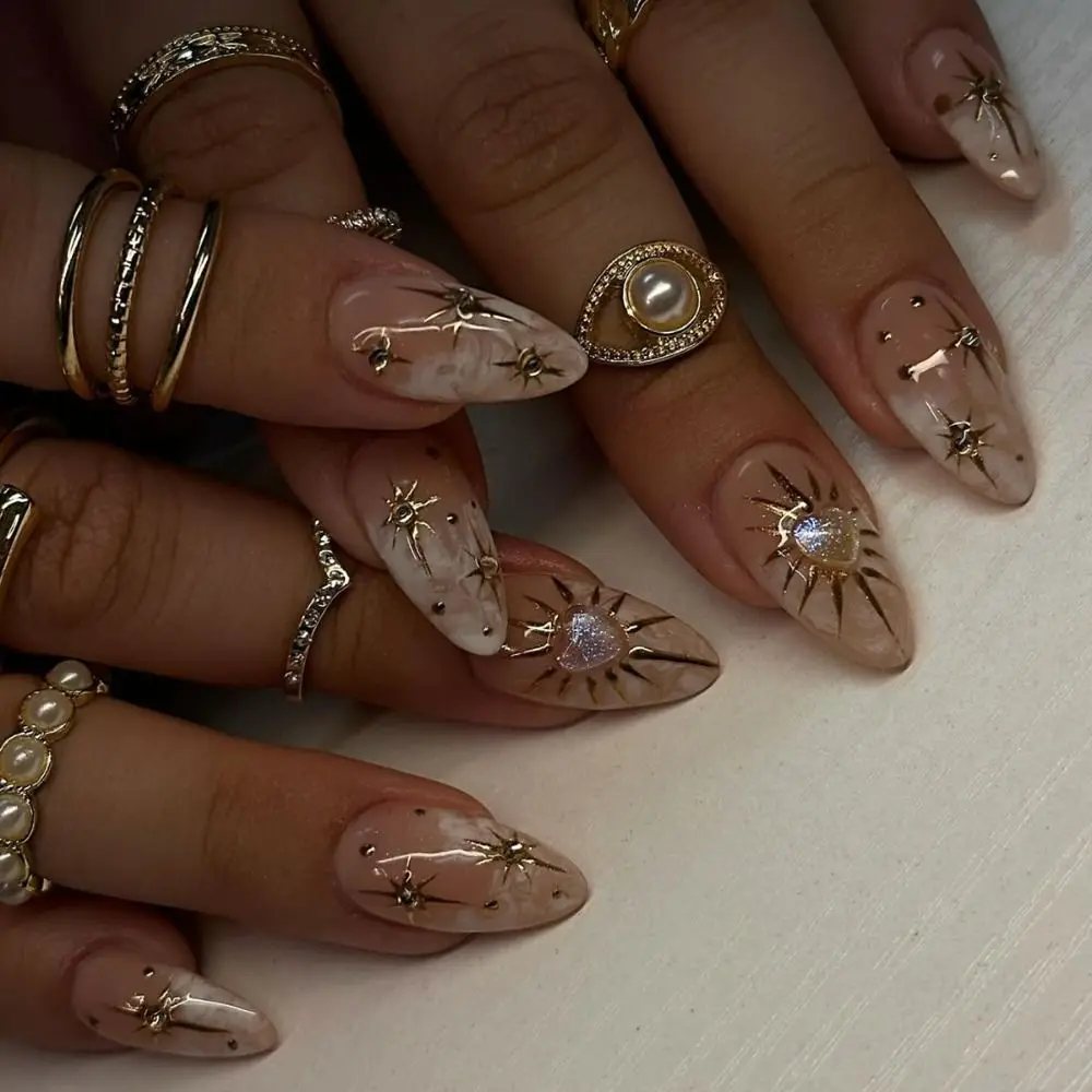 24 pçs longo amêndoa unhas falsas cristal coração flor branca imprensa francesa em unhas destacável brilhando starburst arco de ouro dicas de unhas