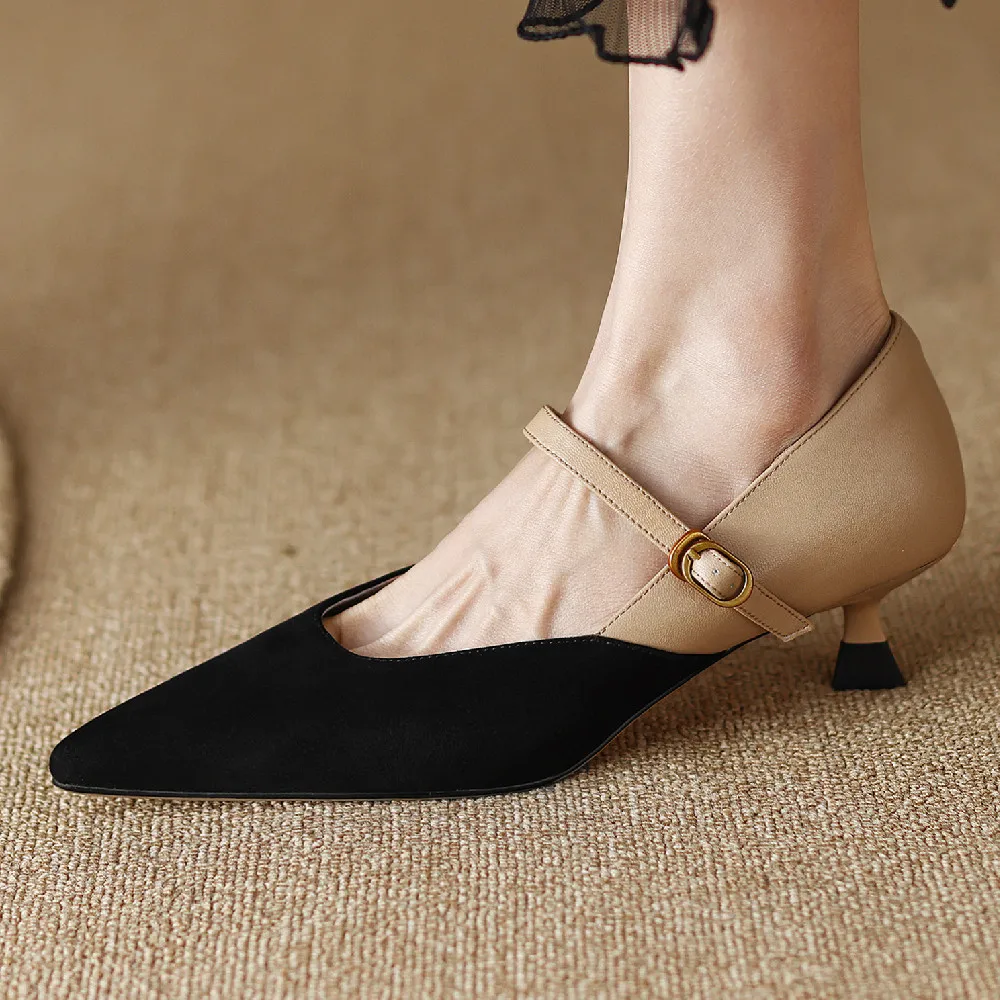 Plus size 34-42 women\'s natural suede leather sheepskin patchwork kitten heel pointed toe mary jane pumps elegant ladies heels