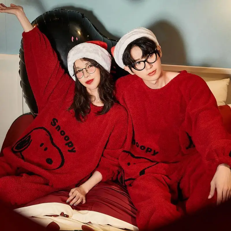 Cartoon Christmas Snoopy Couple's Pajama Set Autumn Winter Round Neck Thicken Indoor Home Clothing Fashion Kawaii Warm Pajamas