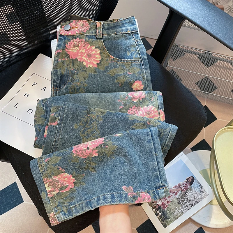 Retro Rose Flowers Print Jeans for Women American Style Oversize High Waist Wide Leg Denim Pants Casual Loose Straight Jeans
