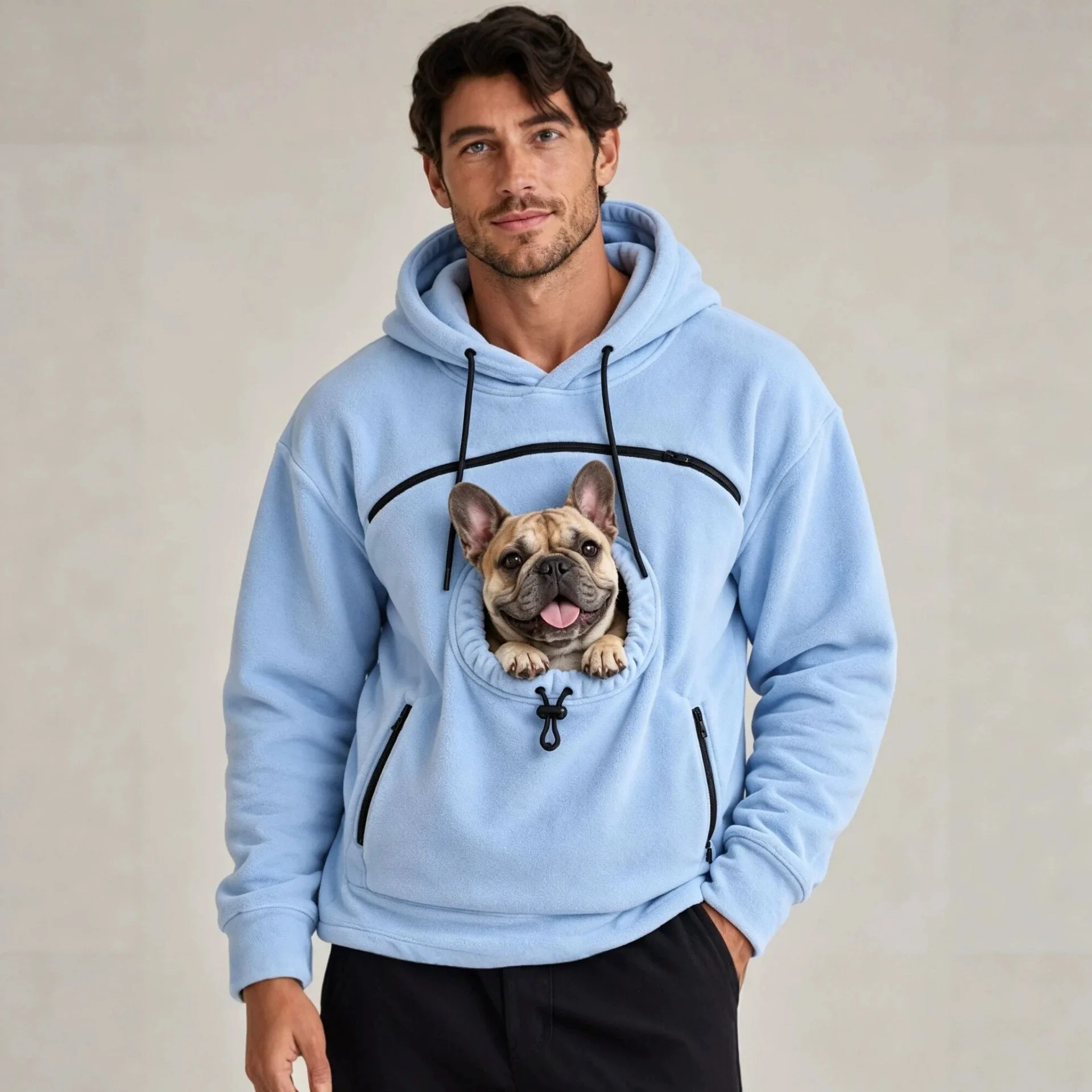 Men Pet Pocket Hoodie Autumn Winter Warm Fleece Long Sleeve Sweatshirt Dog Cat Carrier Pullover Tops Casual For Pet Lovers