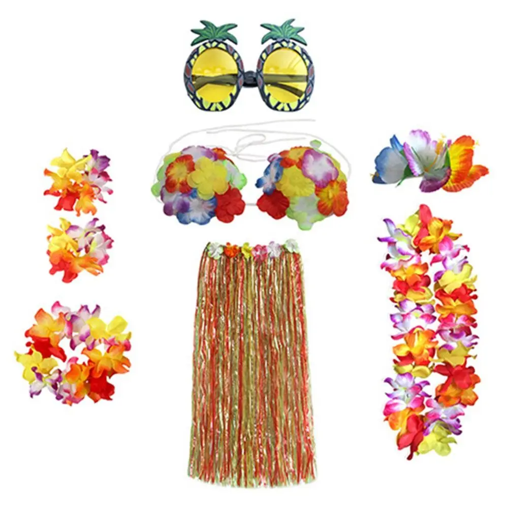 8pcs/set Party Accessories 8Pcs Necklace Glasses Wristbands Fancy Dress Costume Hawaiian Hula Skirt Set Headband