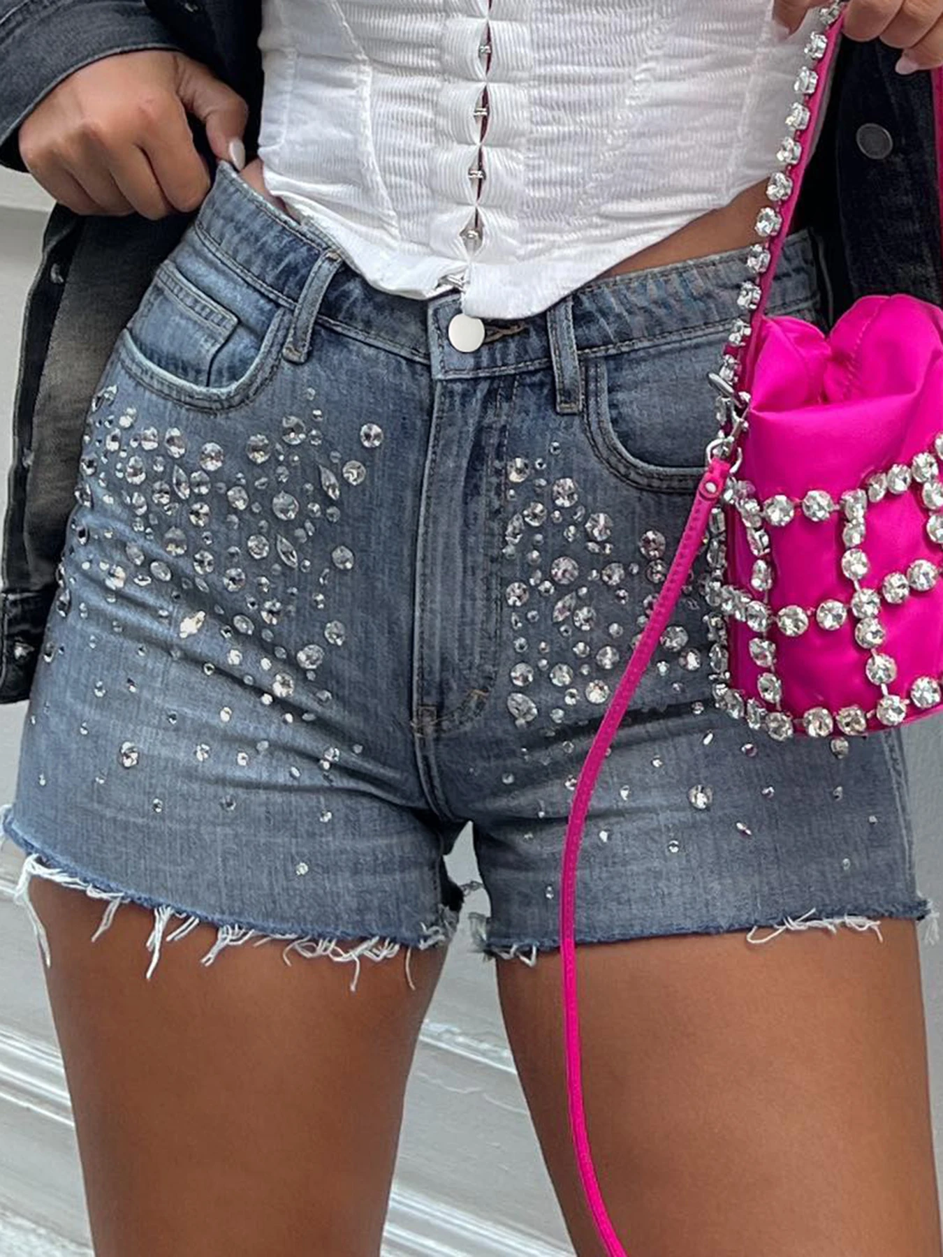 

Weekeep y2k Rhinestone Denim Shorts Summer Casual Low Rise Skinny Short Jeans for Women Streetwear All-match Shorts Harajuku 90s