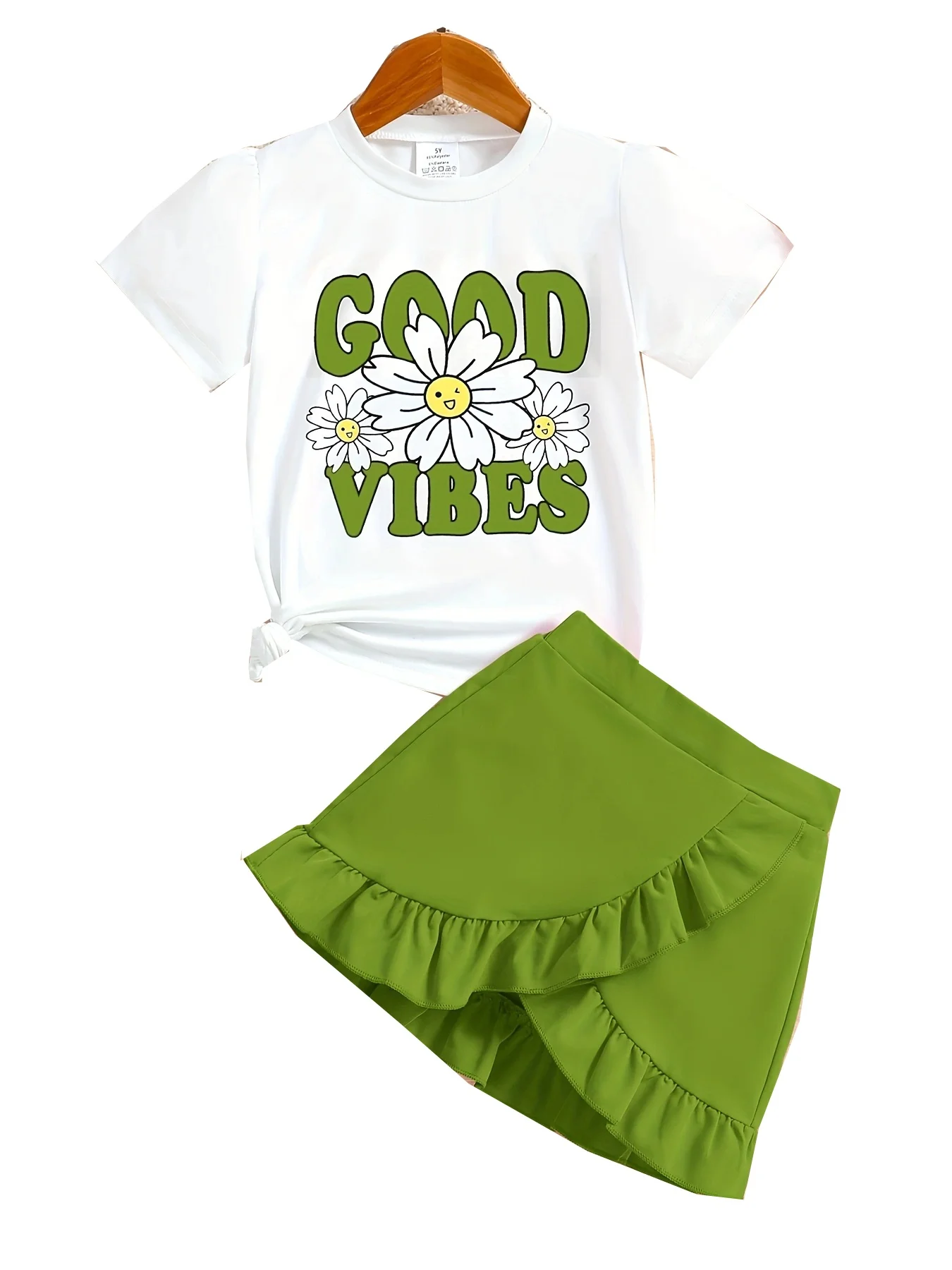 2 piece Summer Girls Cool Breathable thin T-shirt + Skirt - Green