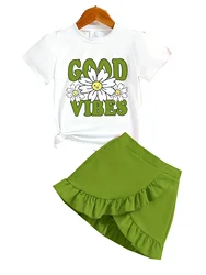 2 piece Summer Girls Cool Breathable thin T-shirt + Skirt - Green