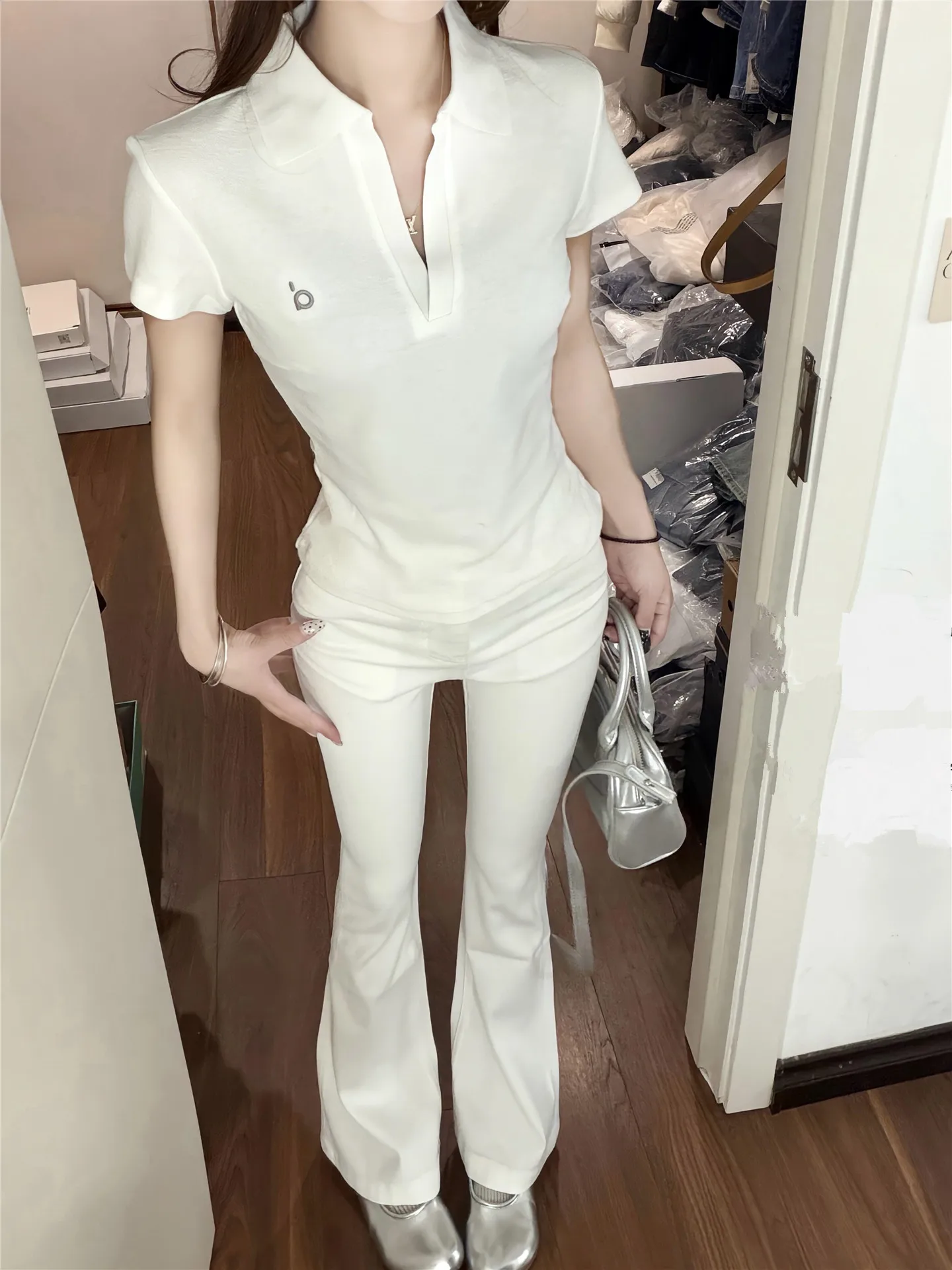

High Waist Slim Fit Micro Flared Jeans Women's Spring Summer White Casual Elastic Floor Length Pants Cotton Stretch Denim