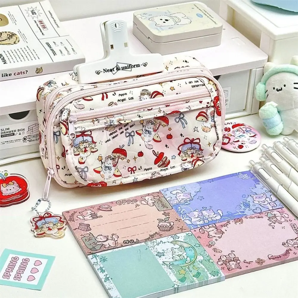 Durable Flip Design Pen Bag Multilayer Large Capacity Pencil Case Red Kitten Pattern Multifunctional Stationery Storing Bag Gift