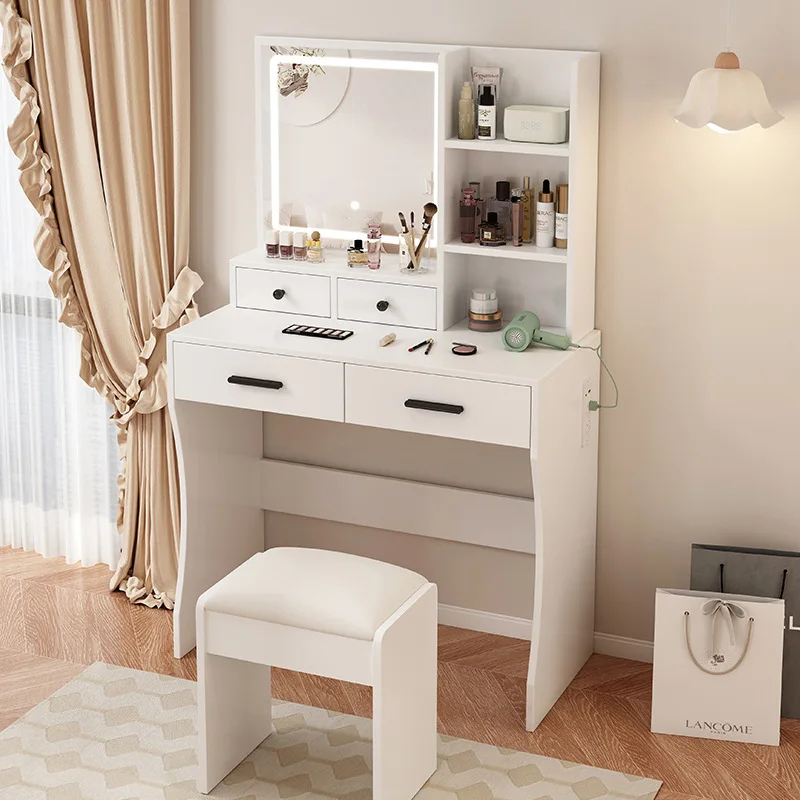 Modern White Integrated Bedroom Makeup Vanity Dressing Table with Makeup Stool and Mirror Convenient Storage Cabinet