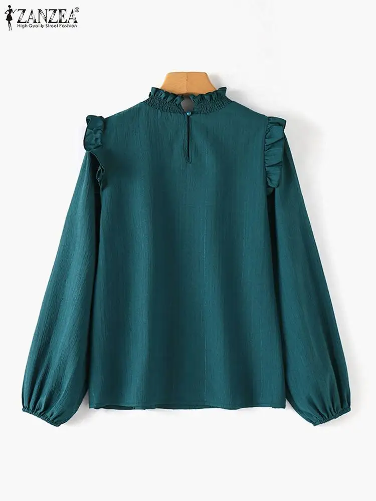 ZANZEA-Blusa de manga comprida para mulheres, tecido texturizado, gola, camisa de babados, tops de escritório soltos, moda elegante, outono, 2024