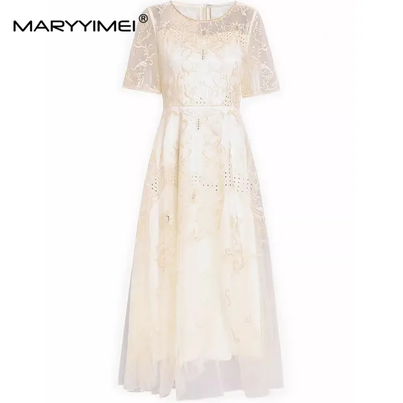 

MARYYIMEI New Fashion Runway Designer Dress Women's Short-Sleeved Mesh Embroidery Splicing High Street Pretty Slim Dresses