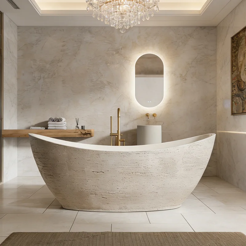 1800mm Hotel Style Moon-shaped Blue Travertine Bathtub, Artistic Natural Texture Freestanding Thickened Durable Bathtub RS098B