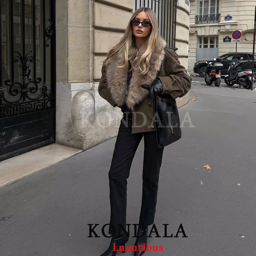 Kondala casual chique verde camurça jaquetas femininas com decote em v gola de pele botões duplos casacos moda 2026 primavera streetwear outwears