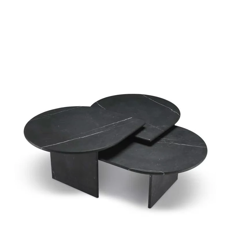 Italian Design Black Marble Coffee Table Set - Leaf Shape Nesting Tables, Luxury Triple Sofa Side Table for Living Room Decor