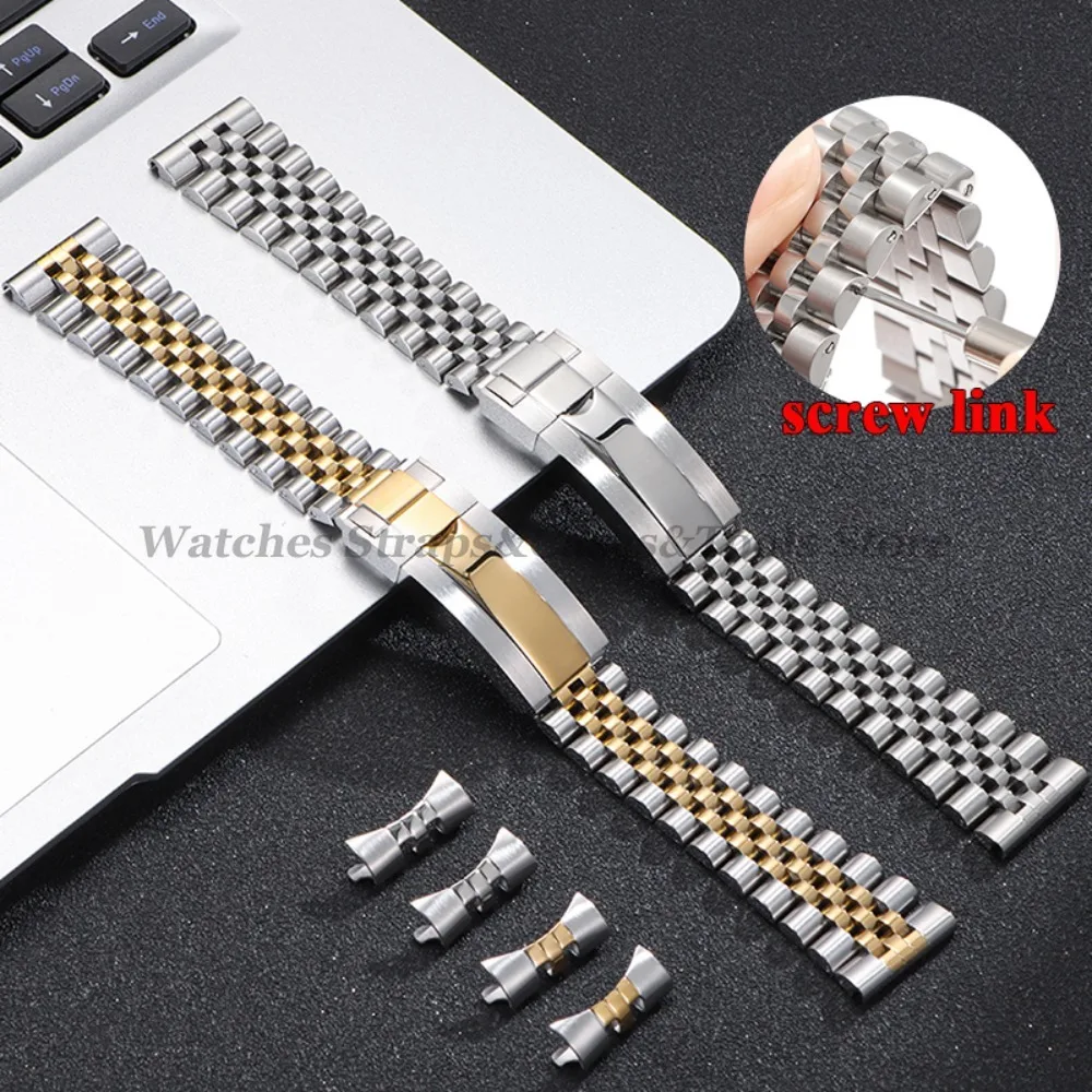 

Luxury Solid Stainless Steel Watch Strap 20mm 21mm for Rolex for Jubilee Curved End Steel Strap Folding Buckle Men SportBracelet