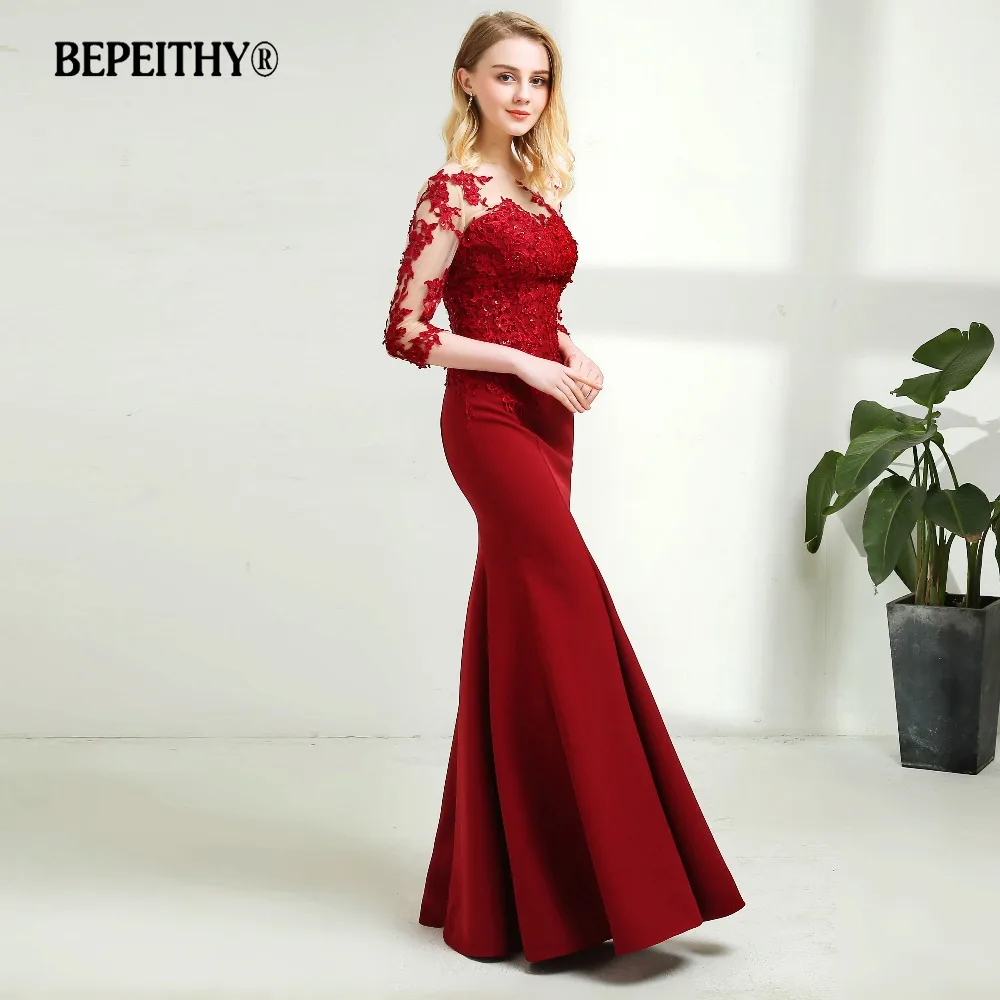 BEPEITHY Customized O-neck Mermaid Evening Dress For Women Sheer Three Quarter Sleeves Robe De Soirée Floor Length Prom Dresses