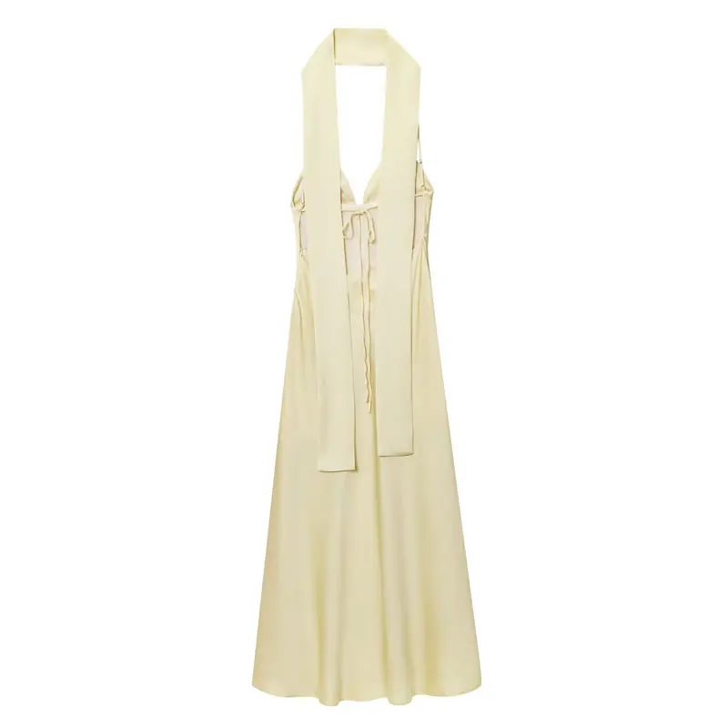レディースホルターネックロングドレス、新作スカーフ、夏のイブニングパーティー、背中開きサテン スリップドレス、エレガントでセクシーなホワイトカスタムフォーマルガウン
