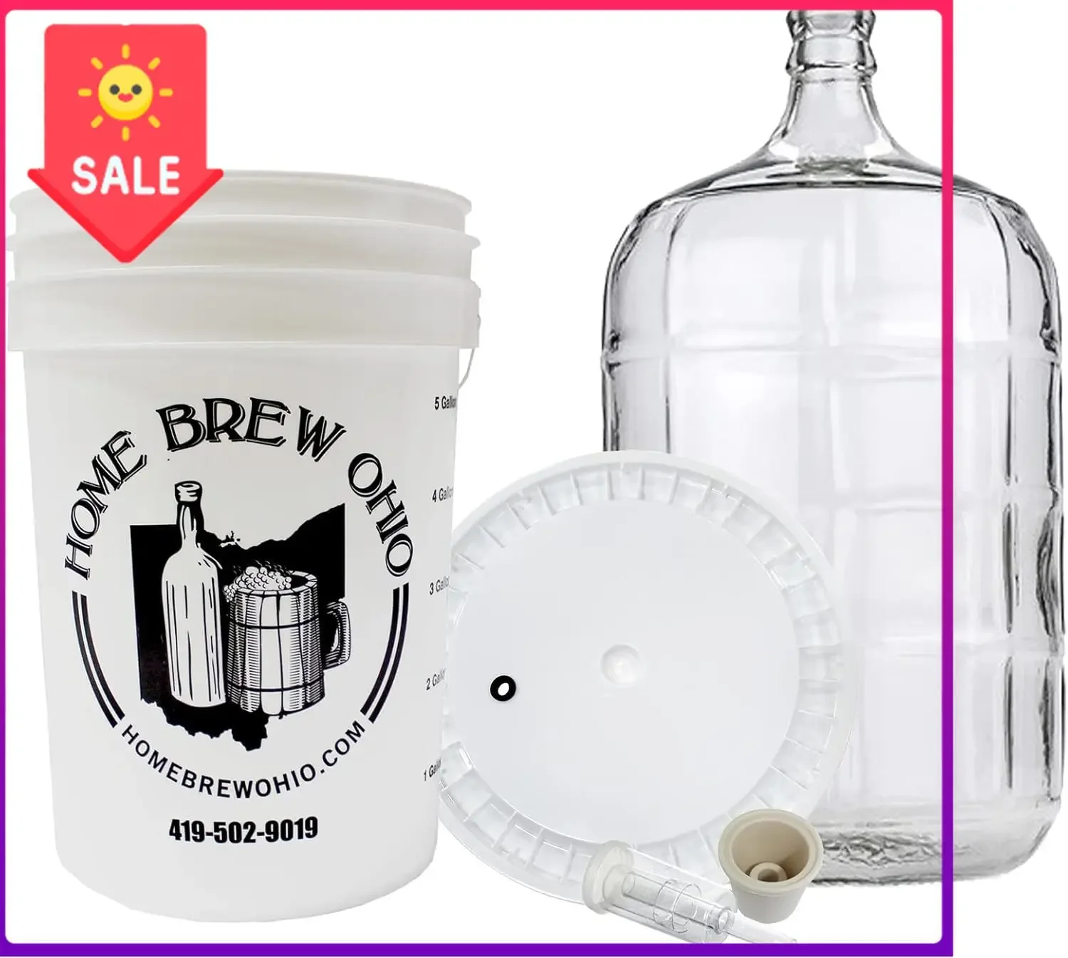 USA StockHome Brew Ohio Five Gallon Primary and Secondary Fermentation Set-Up (5 Gallon Carboy, 6.5 Gallon Bucket and lid, with