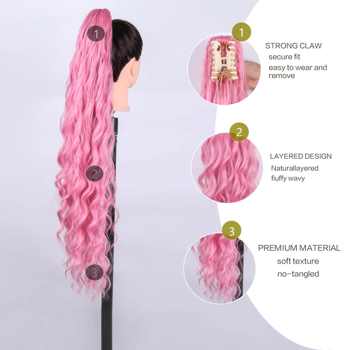 Women's long hair pink ponytail European and American long curly hair clip synthetic fiber wig high ponytail