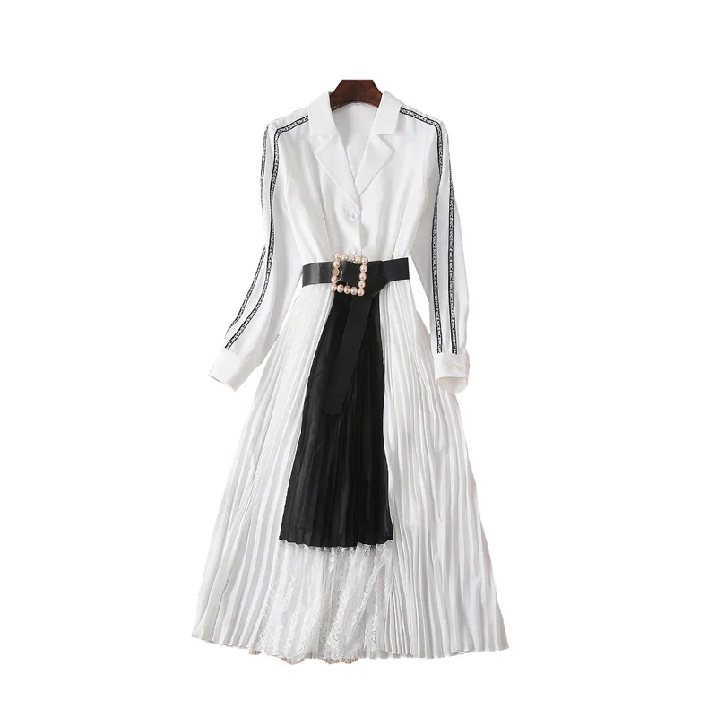 

HIGH STREET New Fashion 2023 Summer Designer Runway Dress Women's Elegant White Letter Sleeve Patchwork Lace Beading Belt Dress