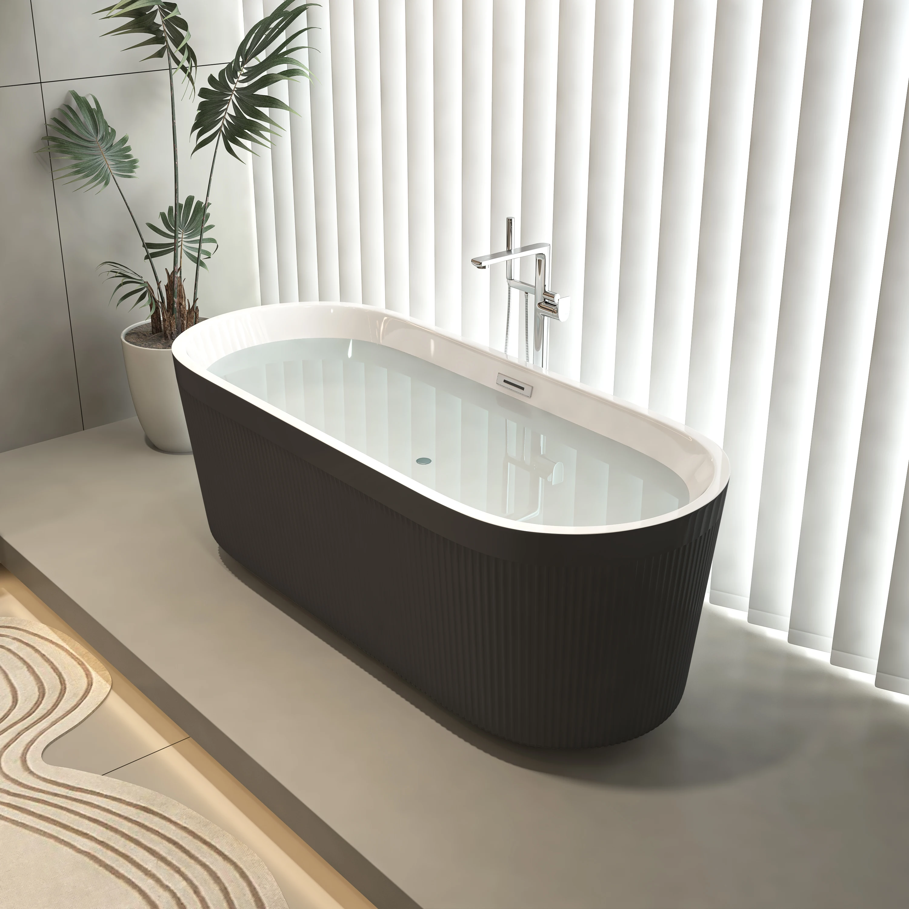 

67" Acrylic Freestanding Bathtub with Unique Pleated Design: Spacious Oval Shape, Gloss Black Finish, Chrome Overflow & Pop-Up D