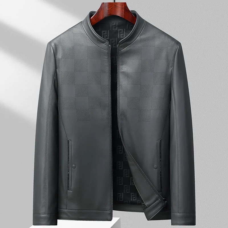 Men's Business and Leisure 2023 Autumn/Winter New High End Standing Collar Leather Jacket Coat