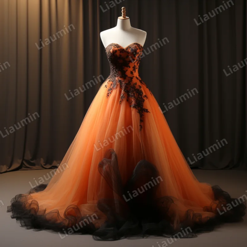 Stunning Exquisite Orange Tulle Black Lace Applique Strapless Evening Prom Dress Princess Formal Party Clothing Custom  J2-7.9