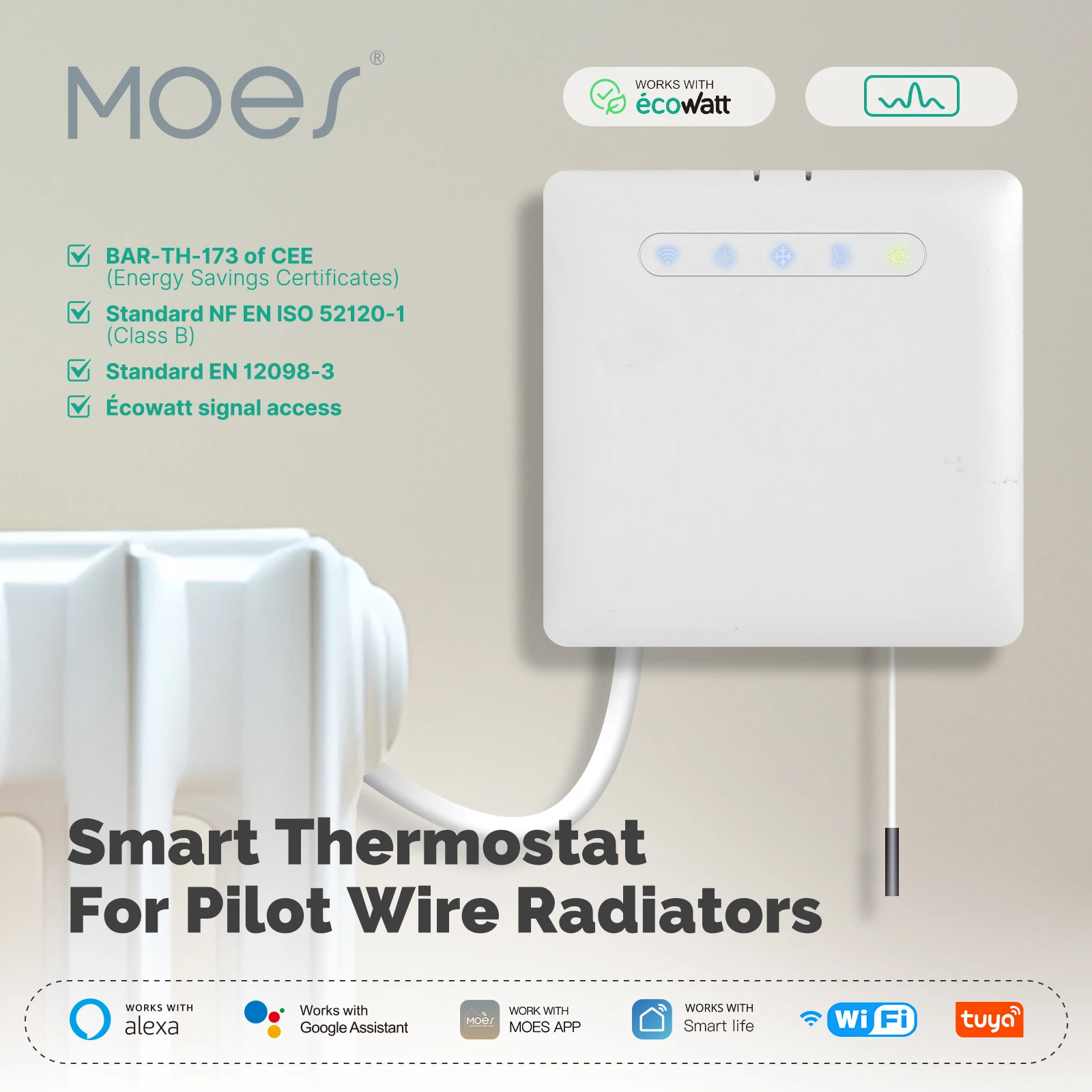 Wifi slimme thermostaat voor Pilot Wire Heating Radiator Ondersteuning Ecowatt Elektriciteitsbewaking App Afstandsbediening Alexa GoogleHome