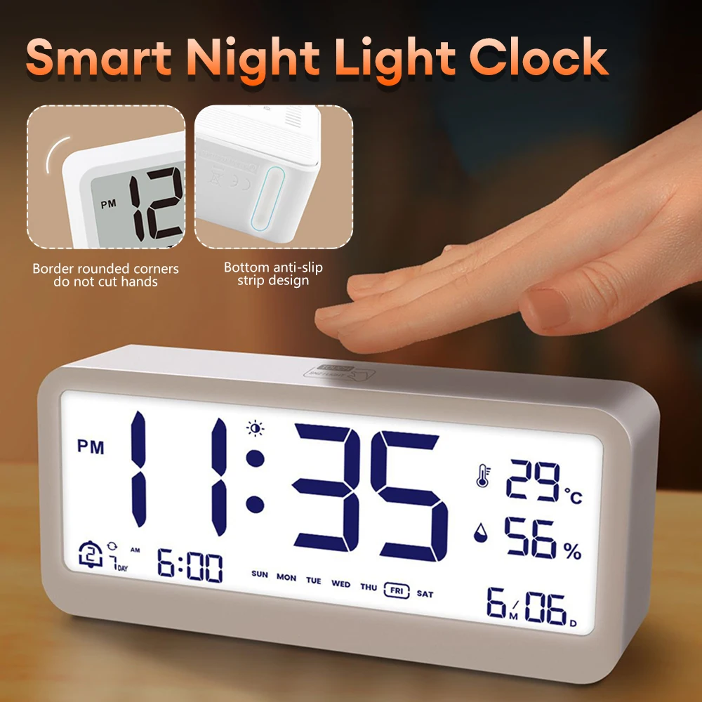 Digital Alarm Clock Electronic Table Clock Temperature Humidity Calendar Week Display Child Desk Watch Night Light Home Decor