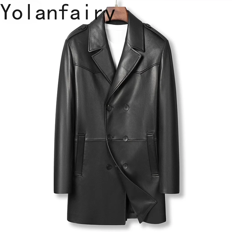

YOLANFAIRY 100% мужская куртка из натуральной кожи, двубортный костюм с воротником средней длины, топ из козьей кожи, плащ, осень-зима