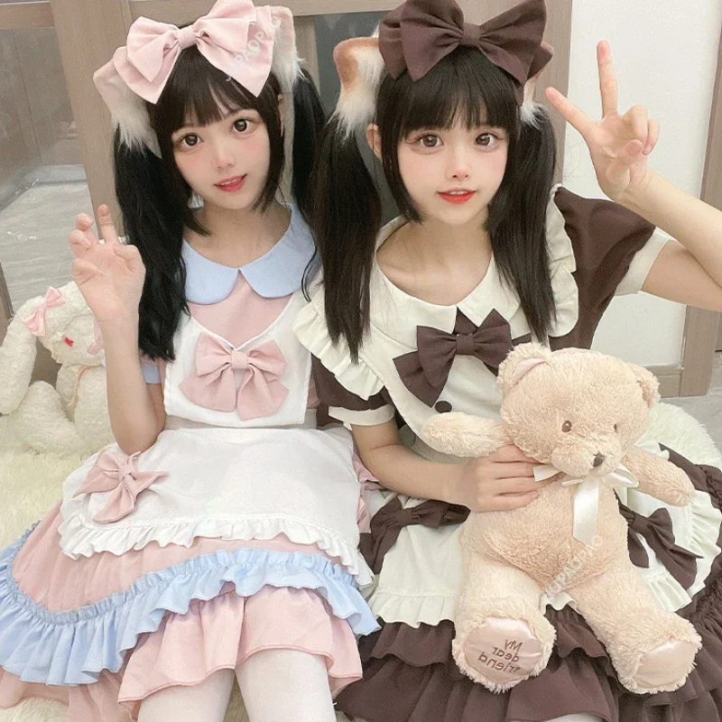 Japanese Cute Girl Costume Girl Halloween Cute Gothic Style Waitress Sweet Pink Dress Cute Bow Apron Girl Role-playing Costume